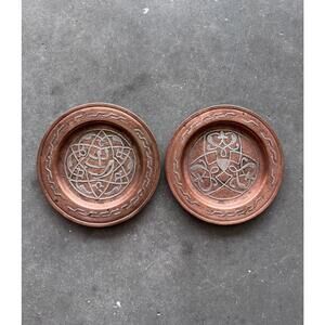 Lot Of 2 Vintage Copper Silver Inlay Demarcus Persian Carioware Tray Coaster 4”